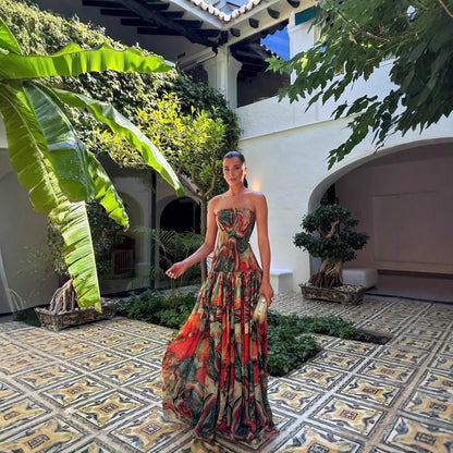 European And American Printed Smocking Wrapped Chest Slim Dress