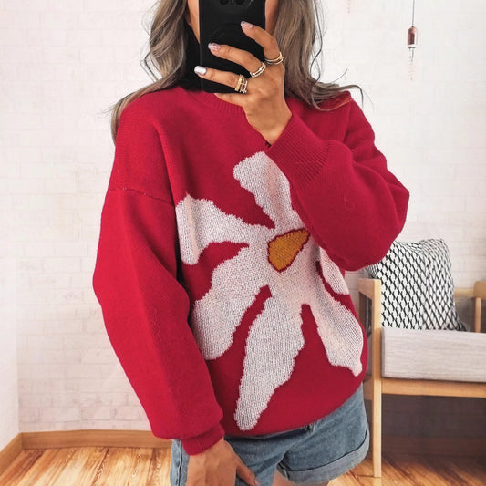 Casual Loose Knitted Round Neck Large Flower Jacquard Contrast Color Sweater