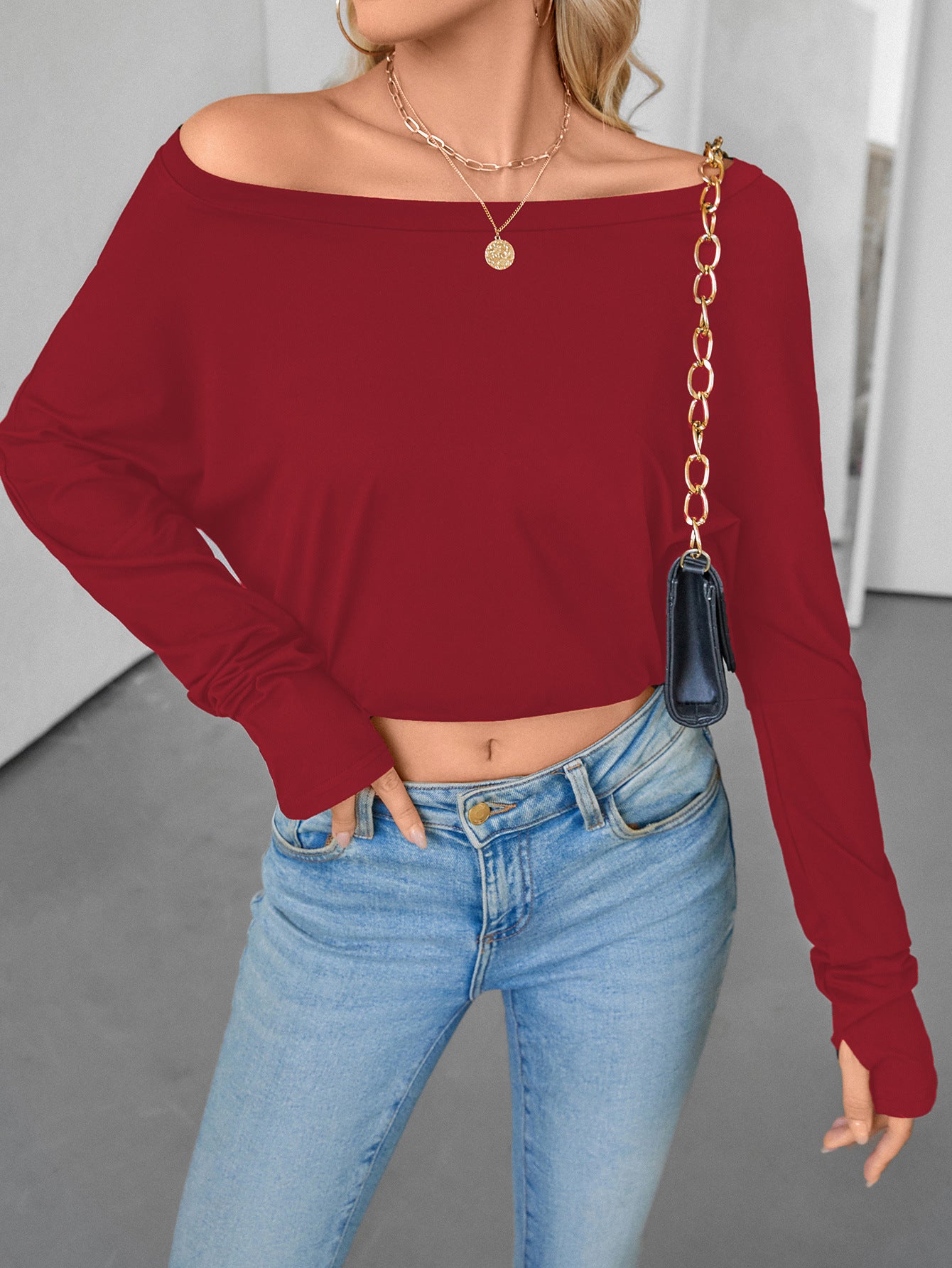 European And American Style Women Shoulder Long Sleeve T-shirt New Midriff-baring Top