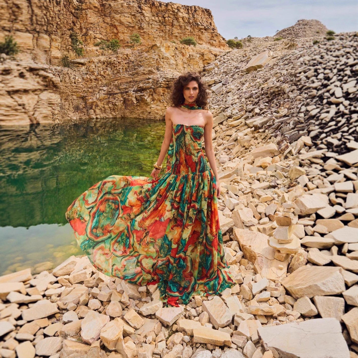 European And American Printed Smocking Wrapped Chest Slim Dress