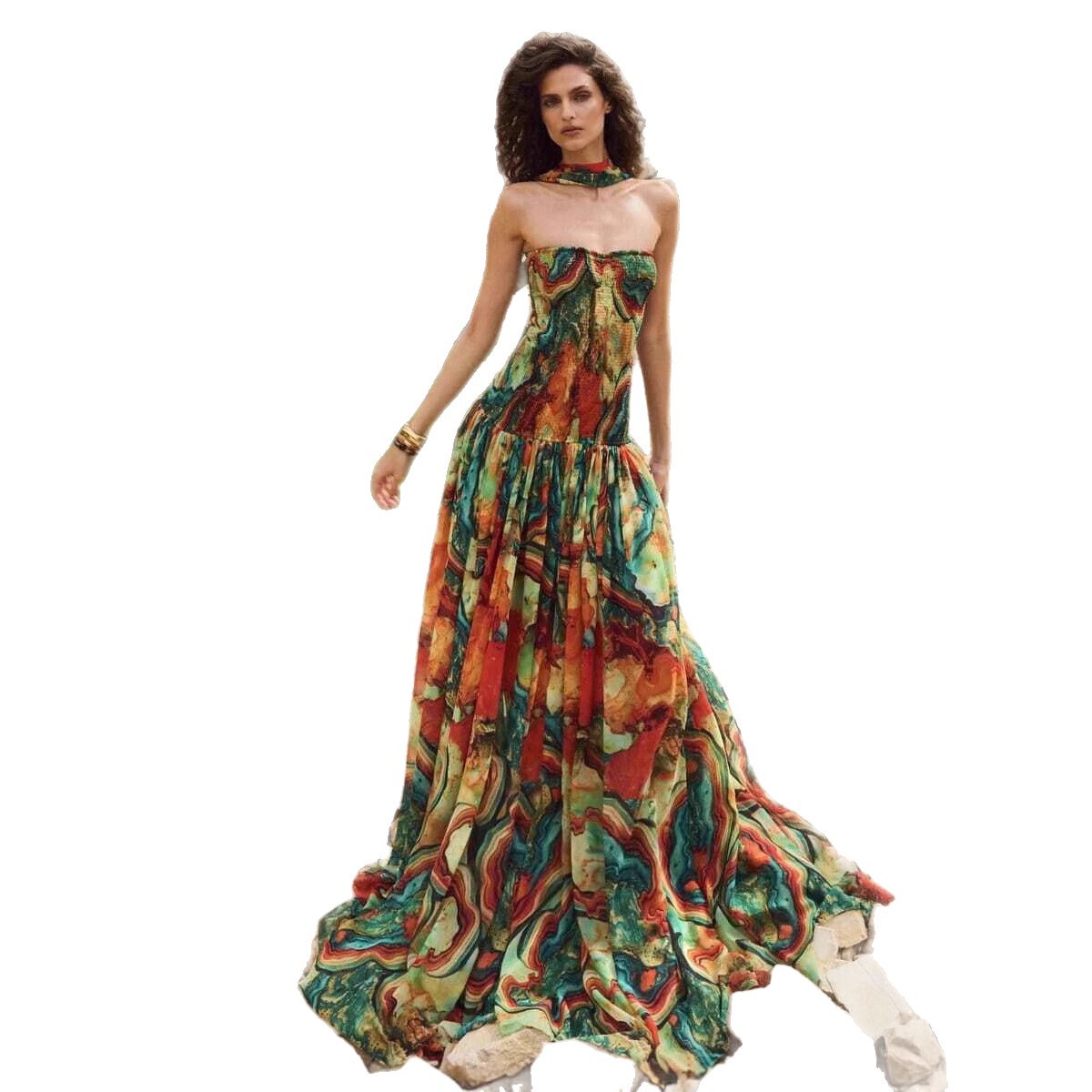 European And American Printed Smocking Wrapped Chest Slim Dress