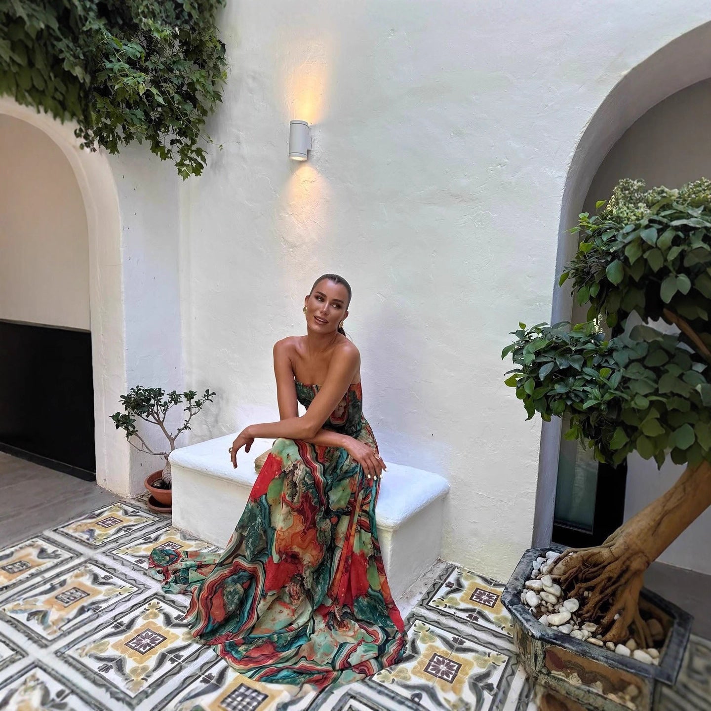 European And American Printed Smocking Wrapped Chest Slim Dress