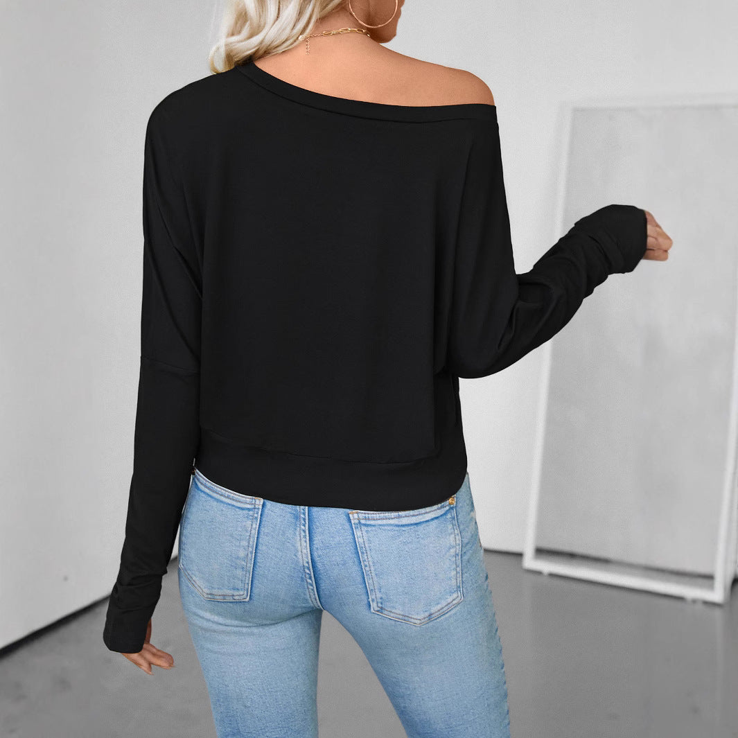 European And American Style Women Shoulder Long Sleeve T-shirt New Midriff-baring Top