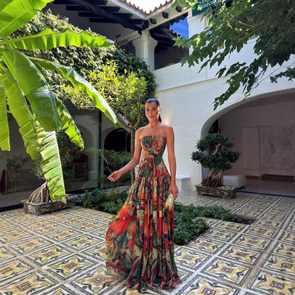 European And American Printed Smocking Wrapped Chest Slim Dress